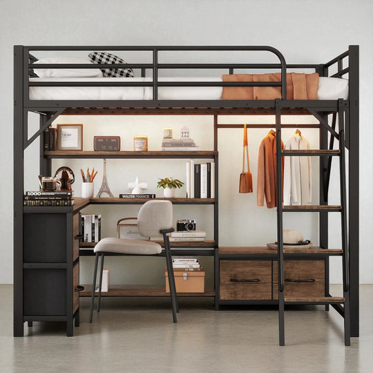 Full/Queen Size Metal Loft Bed with Desk, LED Lights, USB Ports, Shelves, Drawers, and Wardrobe, Black