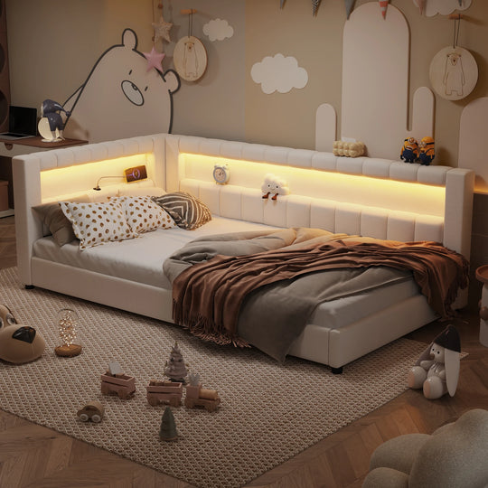 Upholstered Low-Profile Daybed Platform Bed Built-In USB Ports and LED Light Belt, Grounded Design with Padded Backrest