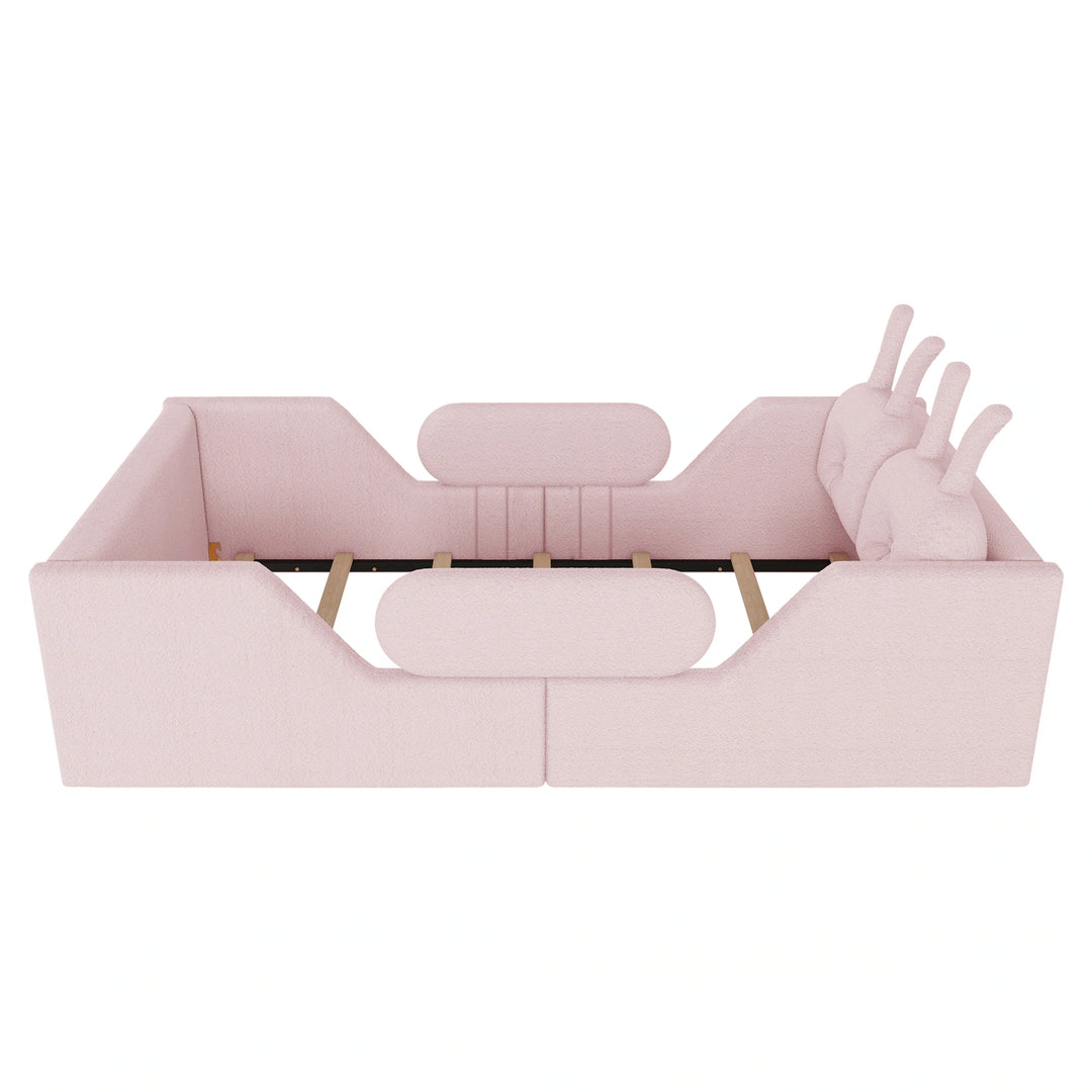 Twin Size Upholstered Platform Bed with Rabbit Cushion, Floor Upholstered Bed with Removable Side Rails