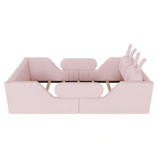 Twin Size Upholstered Platform Bed with Rabbit Cushion, Floor Upholstered Bed with Removable Side Rails