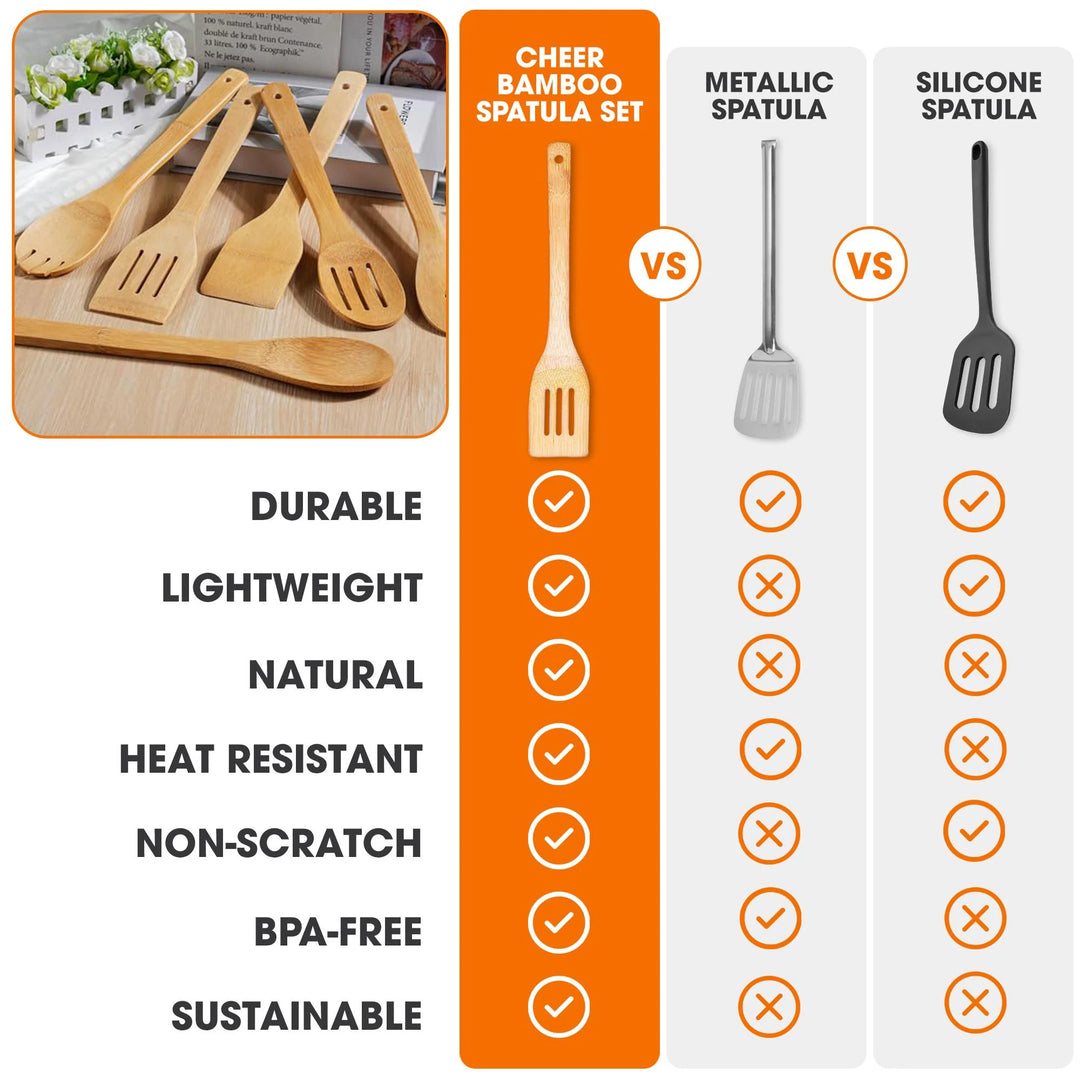 Premium Bamboo Cooking Utensil Set 6 Piece Non Scratch Wooden Spatulas and Spoons for Kitchen - Set of 6