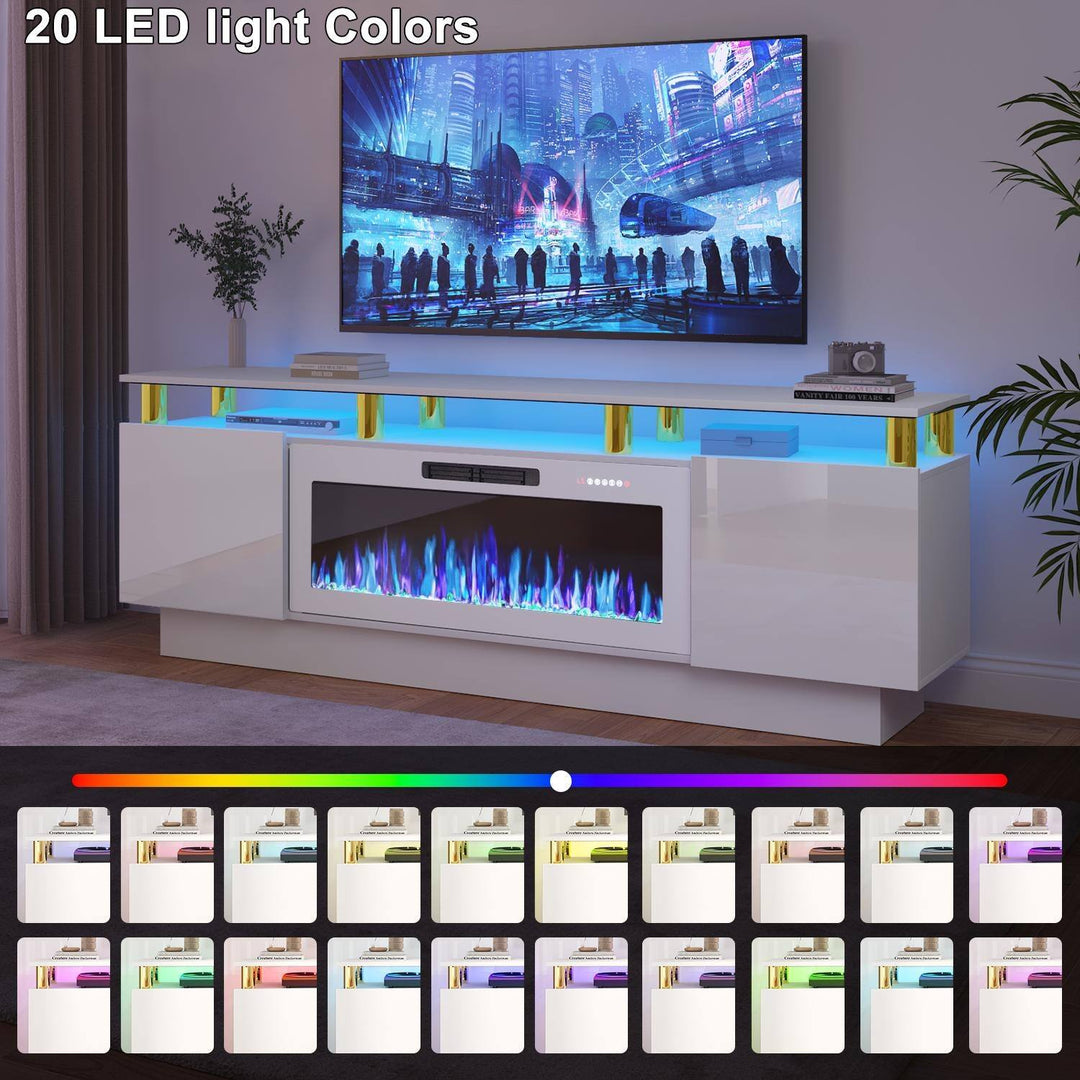 70" Modern Electric Fireplace TV Stand, with Electronic Flame and LED Lights, High Gloss Finish Entertainment Center
