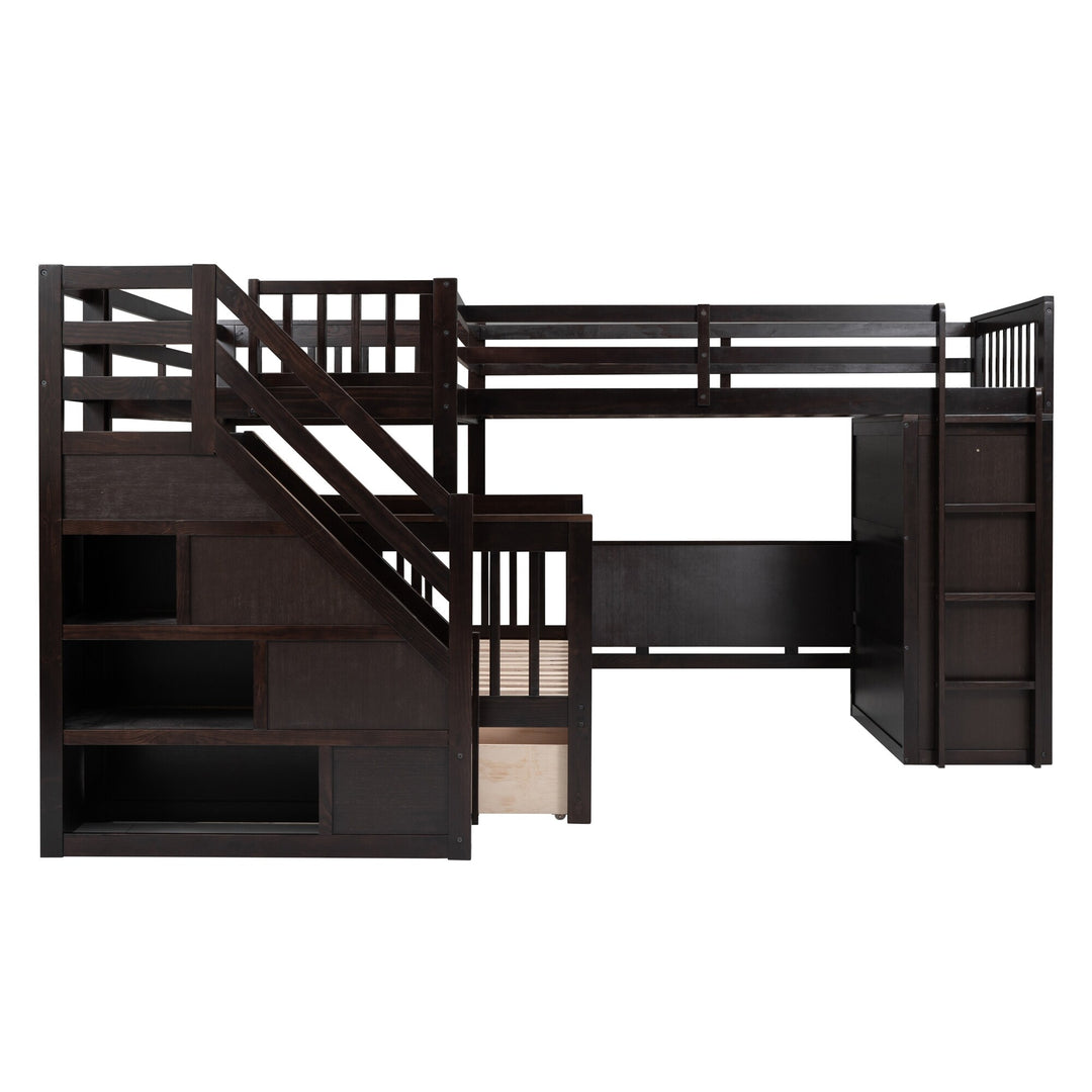 L-Shaped Bunk Bed with Three Drawers, Portable Desk and Wardrobe, Twin-Twin over Full Design
