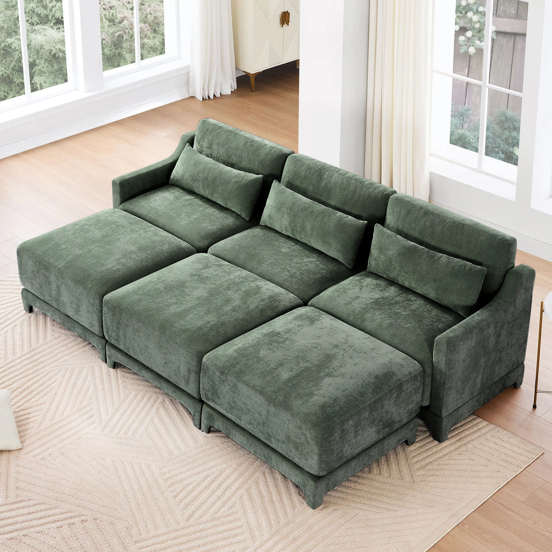 Modern Chenille 4-Seater Sofa with 2 Ottoman, Lumbar Cushions, Ergonomic Backrest, High-Resilience Spongeand Tufted Armrests