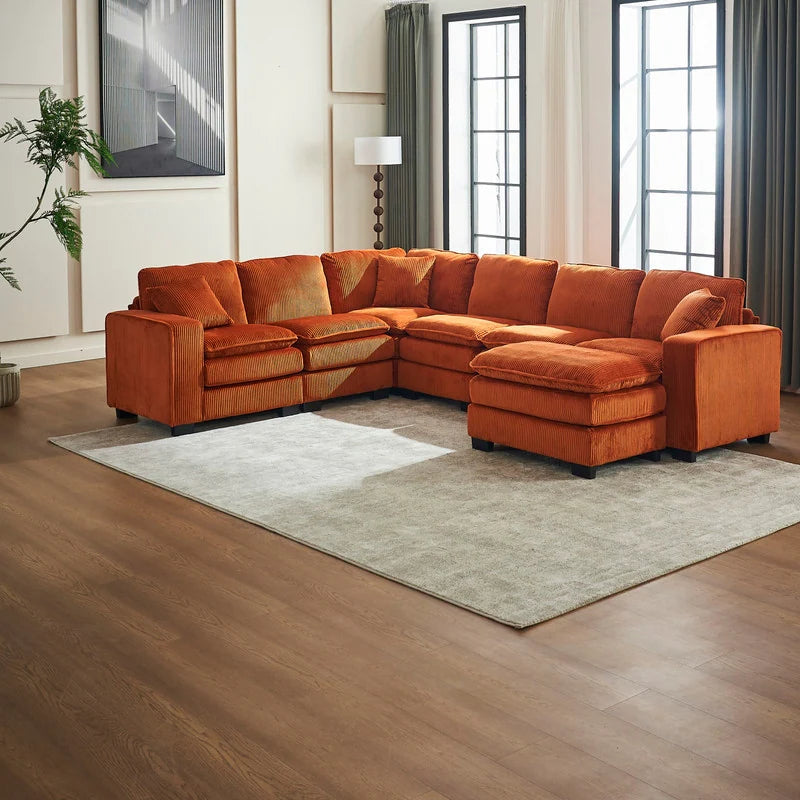 Modern U-Shaped 6-Seater Sectional Sofa with One Footstool
