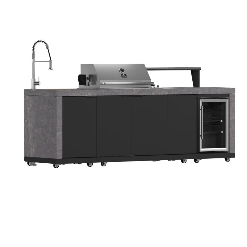 Rimini Outdoor Kitchen 30" BBQ 62,600 BTU, 3 Burners with Sear & Rotisserie, 2.4 Cu.Ft. Beverage Center, Stainless Steel Sink, Black Cabinets & Gray Sintered Stone Countertops