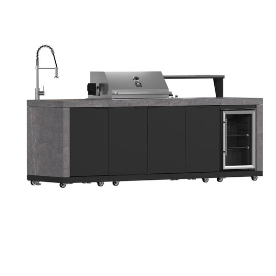 Rimini Outdoor Kitchen 30" BBQ 62,600 BTU, 3 Burners with Sear & Rotisserie, 2.4 Cu.Ft. Beverage Center, Stainless Steel Sink, Black Cabinets & Gray Sintered Stone Countertops