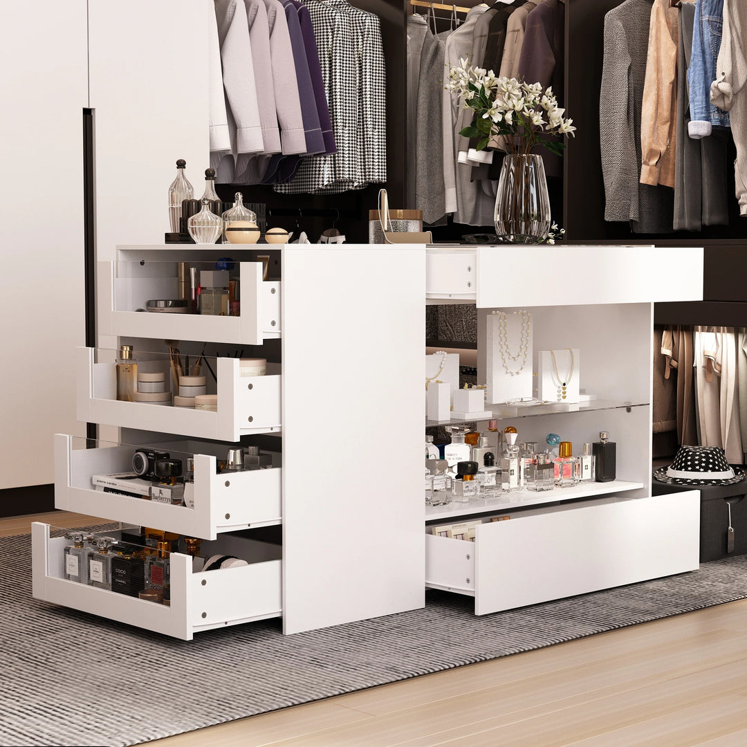 HOMELAVY Glass-Top Closet Organizer White Dressing Island Ample Storage Dresser Cabinets