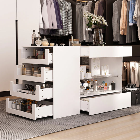 HOMELAVY Glass-Top Closet Organizer White Dressing Island Ample Storage Dresser Cabinets