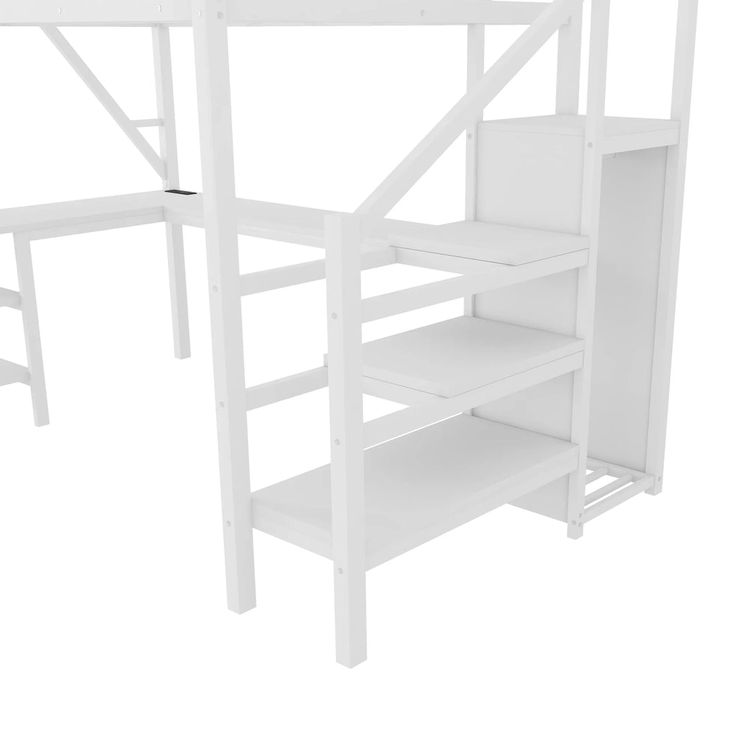 Metal Full Loft Bed with Wardrobe and LED Light, Full Size Loft Bed with L Shaped Desk and USB for Kids Teens Adults