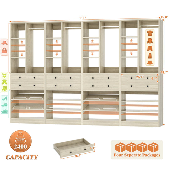 Grimm 28'' Closet Organizer with Shoe Racks and Drawers, Closet System with Hanging Rod and Adjustable Shelves