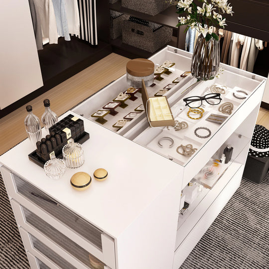 HOMELAVY Glass-Top Closet Organizer White Dressing Island Ample Storage Dresser Cabinets