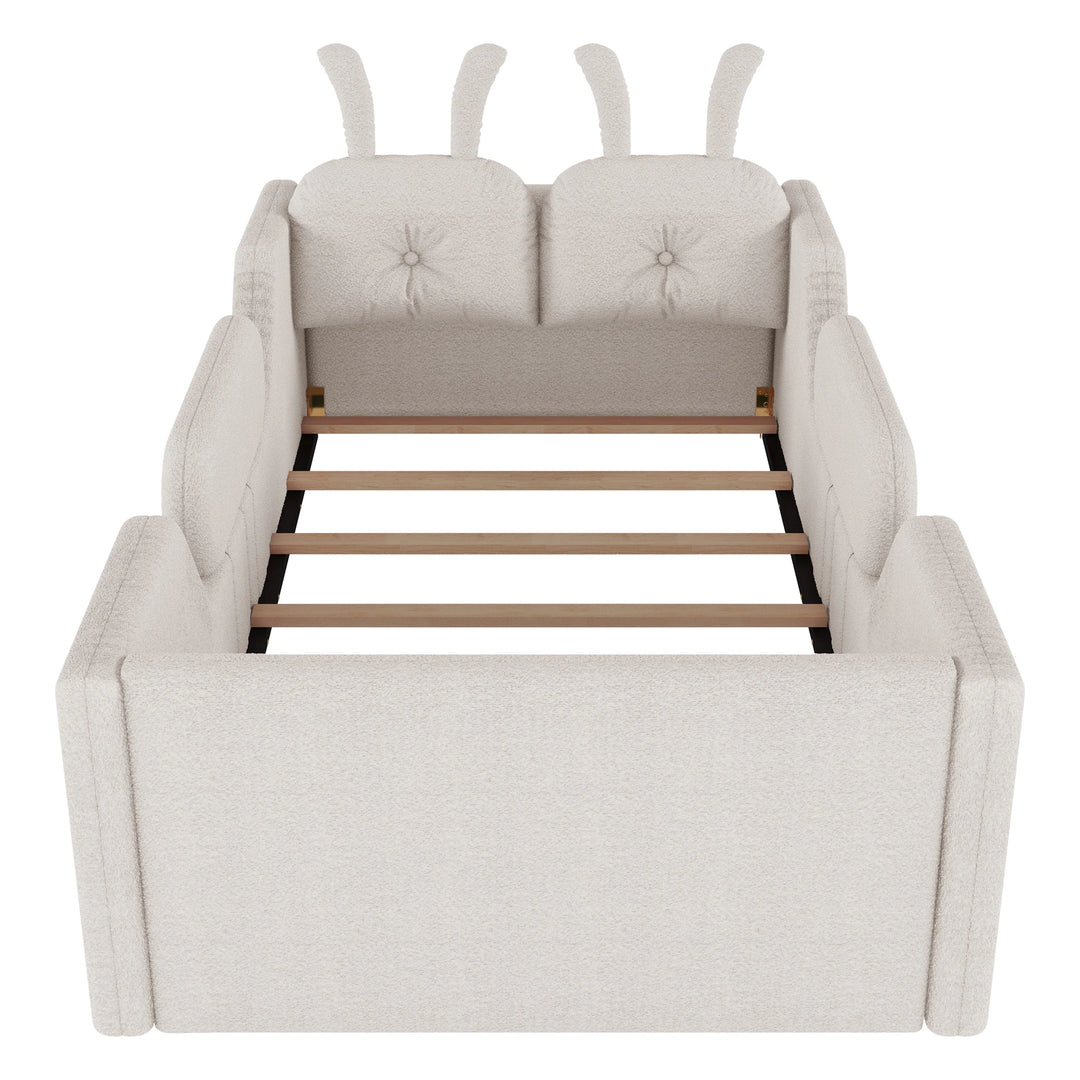Twin Size Upholstered Platform Bed with Rabbit Cushion, Floor Upholstered Bed with Removable Side Rails