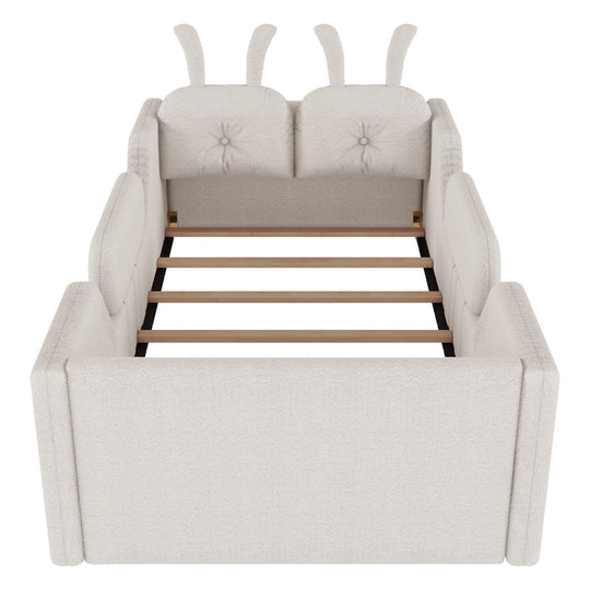 Twin Size Upholstered Platform Bed with Rabbit Cushion, Floor Upholstered Bed with Removable Side Rails