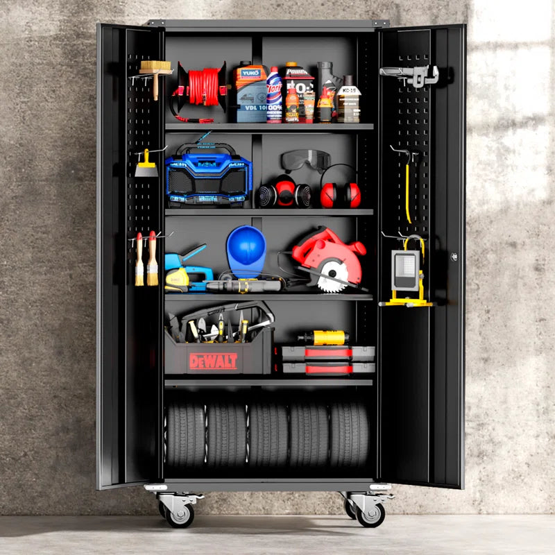Metal Garage Storage Cabinets with Wheels & Pegboard, 72"H Rolling Storage Cabinet with Lockable Doors and 4 Adjustable Shelves, (72" H×32" W×16" D)
