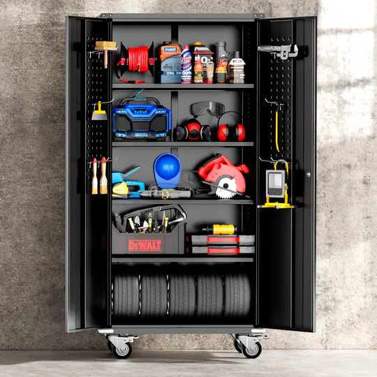 Metal Garage Storage Cabinets with Wheels & Pegboard, 72"H Rolling Storage Cabinet with Lockable Doors and 4 Adjustable Shelves, (72" H×32" W×16" D)