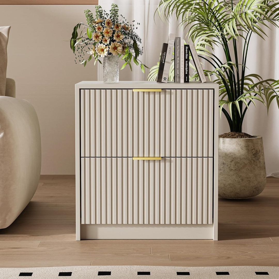 Set of 2 Fluted Nightstand with 2 Drawers, Modern Storage Bedside Table Wooden End Table for Bedroom