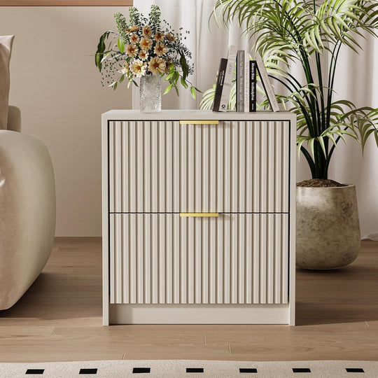 Set of 2 Fluted Nightstand with 2 Drawers, Modern Storage Bedside Table Wooden End Table for Bedroom