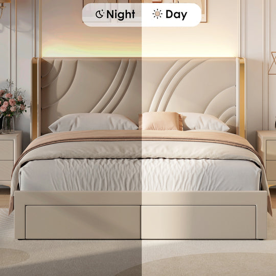 Velvet Upholstered Platform Bed with Smart Ambient Strip Lights Wingback Headboard and Endbed Pull-Out Storage Drawers