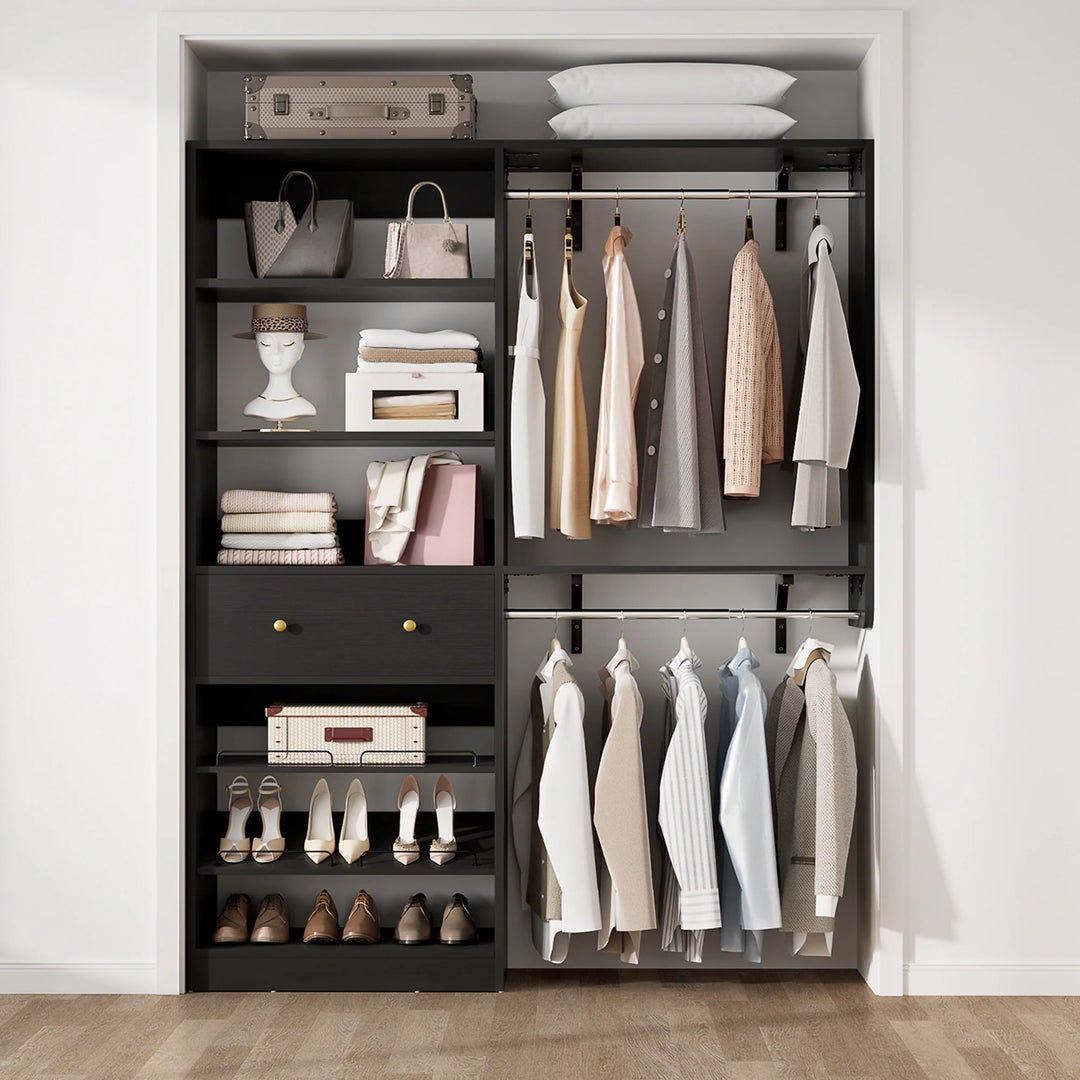 5FT Closet System with 2 Hanging Rods and Wooden Drawer, Walk-In Closet Organizer with 2 Wing Shelve and Adjustable Rack Shelves