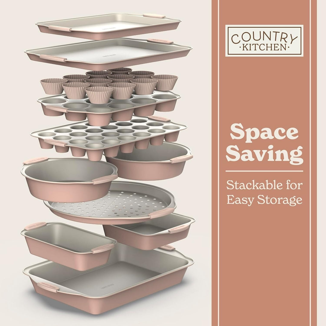 Nonstick Stackable Bakeware Set - Durable, Easy Release Baking Set- 22 Pc. Includes Silicone Muffin Cups