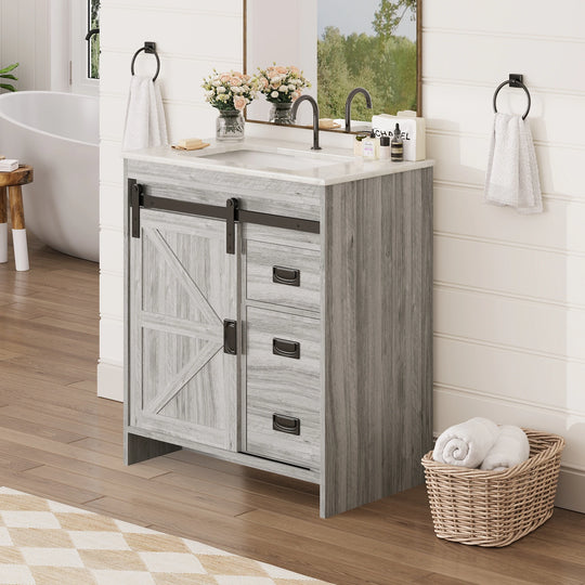 Farmhouse Bathroom Vanity with Ceramic Top and Sliding Barn Door Sink Cabinet, Rustic Single Sink Vanity