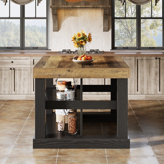55-Inch Stationary Kitchen Island with Storage Shelves and Large Worktop, Farmhouse Style, Light Brown