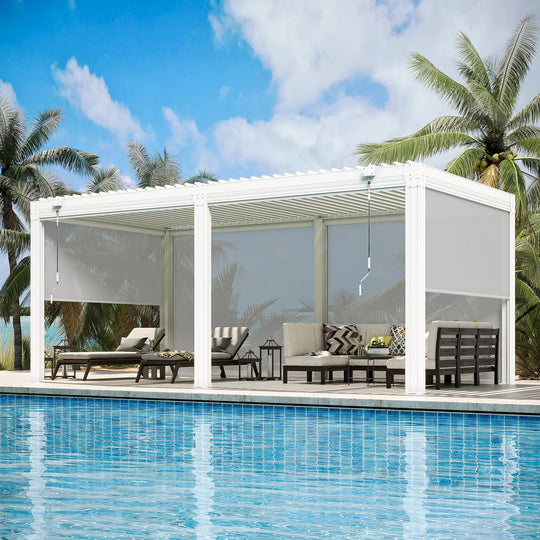 Outdoor Louvered Pergola Gazebo with Adjustable Aluminum Rainproof Roof and Pull-Down Screen