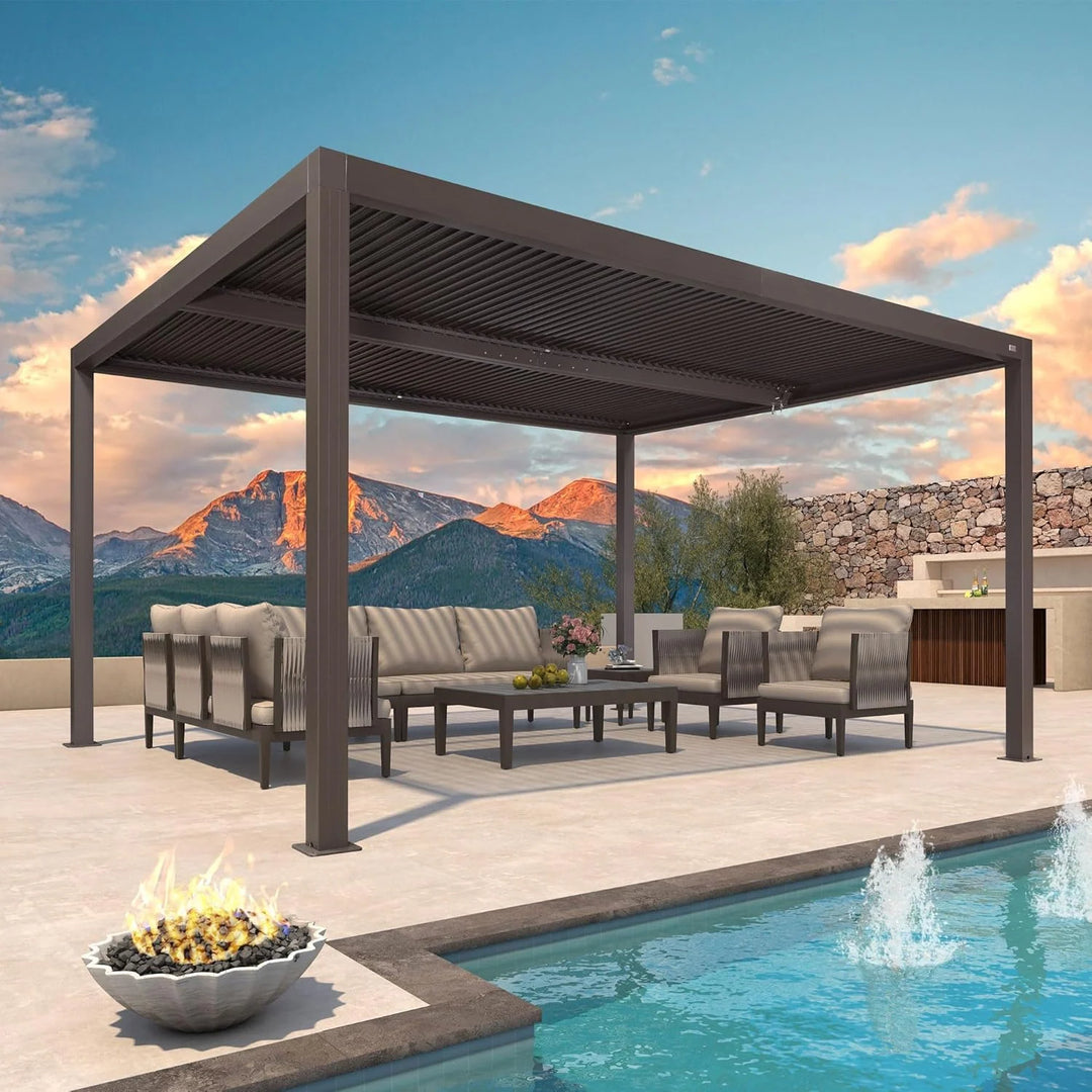 Bronze Louvered Pergola with Adjustable Roof for Deck Backyard Garden Hardtop Gazebo