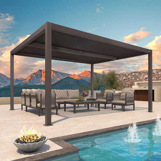Bronze Louvered Pergola with Adjustable Roof for Deck Backyard Garden Hardtop Gazebo