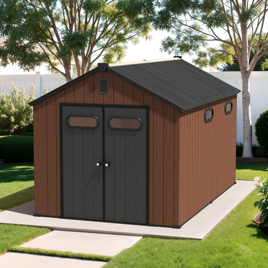 8X8/8X10/8X12 FT All-Weather Outdoor Resin Lockable Storage Shed with Windows Floor for Patio Furniture and Tools