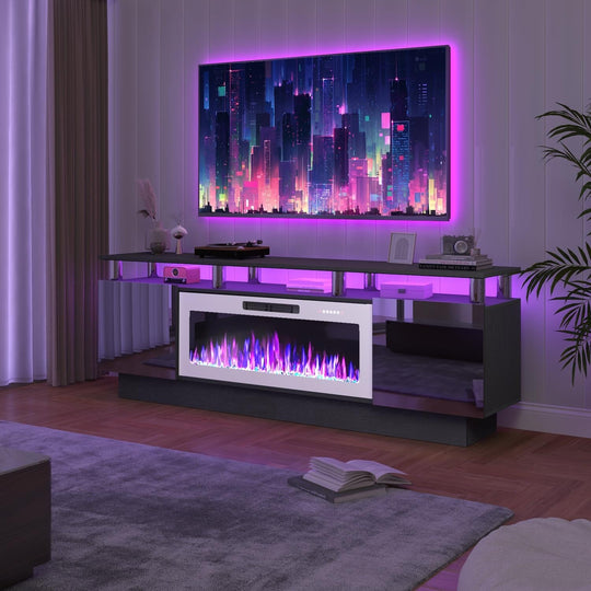 70" Modern Electric Fireplace TV Stand, with Electronic Flame and LED Lights, High Gloss Finish Entertainment Center