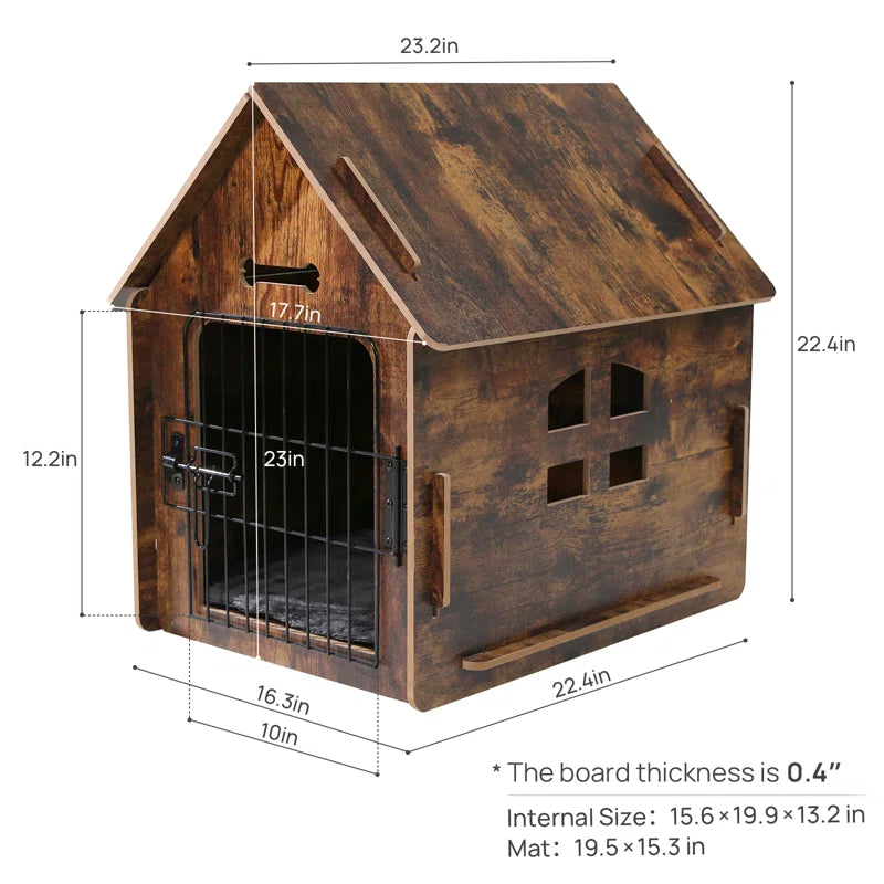 Byrn Wooden Pet House Indoor W/ Roof Dog House W/ Removable Mat and Lockable Door for Small Dog Cat