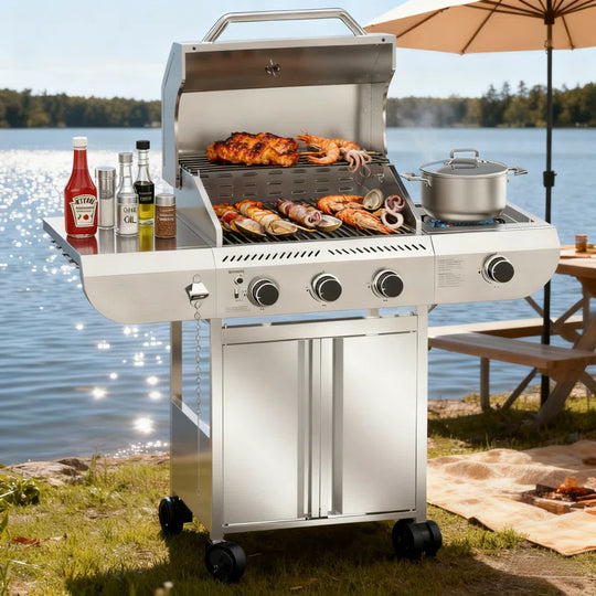 3+1 Burners 34000 Btu Lp Gas Grill with Side Burner for Outdoor Garden Patio Backyard Barbecue Cooking
