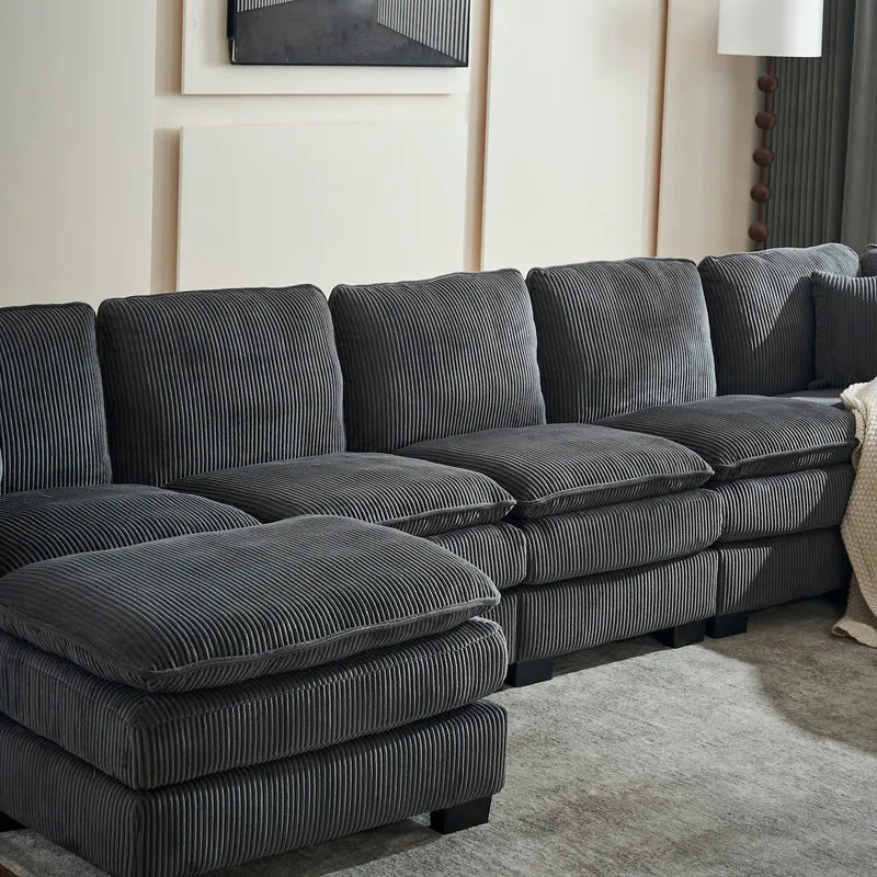 Modern U-Shaped 6-Seater Sectional Sofa with One Footstool