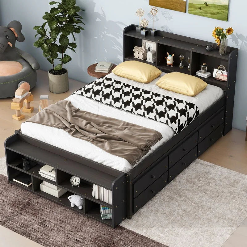 Storage Platform Bed with Bookcase Headboard,Drawers and Bed End Storage Case,Full Size