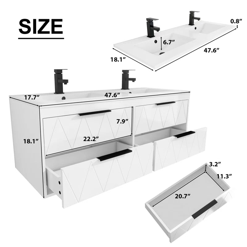 Ciarra Sharee 48" Modern Wall-Mount Double Sink Bathroom Vanity with Resin Top, Zinc Alloy Faucet, Painted Floating Cabinet, Soft-Close Drawers