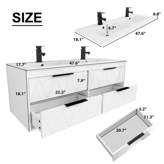 Ciarra Sharee 48" Modern Wall-Mount Double Sink Bathroom Vanity with Resin Top, Zinc Alloy Faucet, Painted Floating Cabinet, Soft-Close Drawers