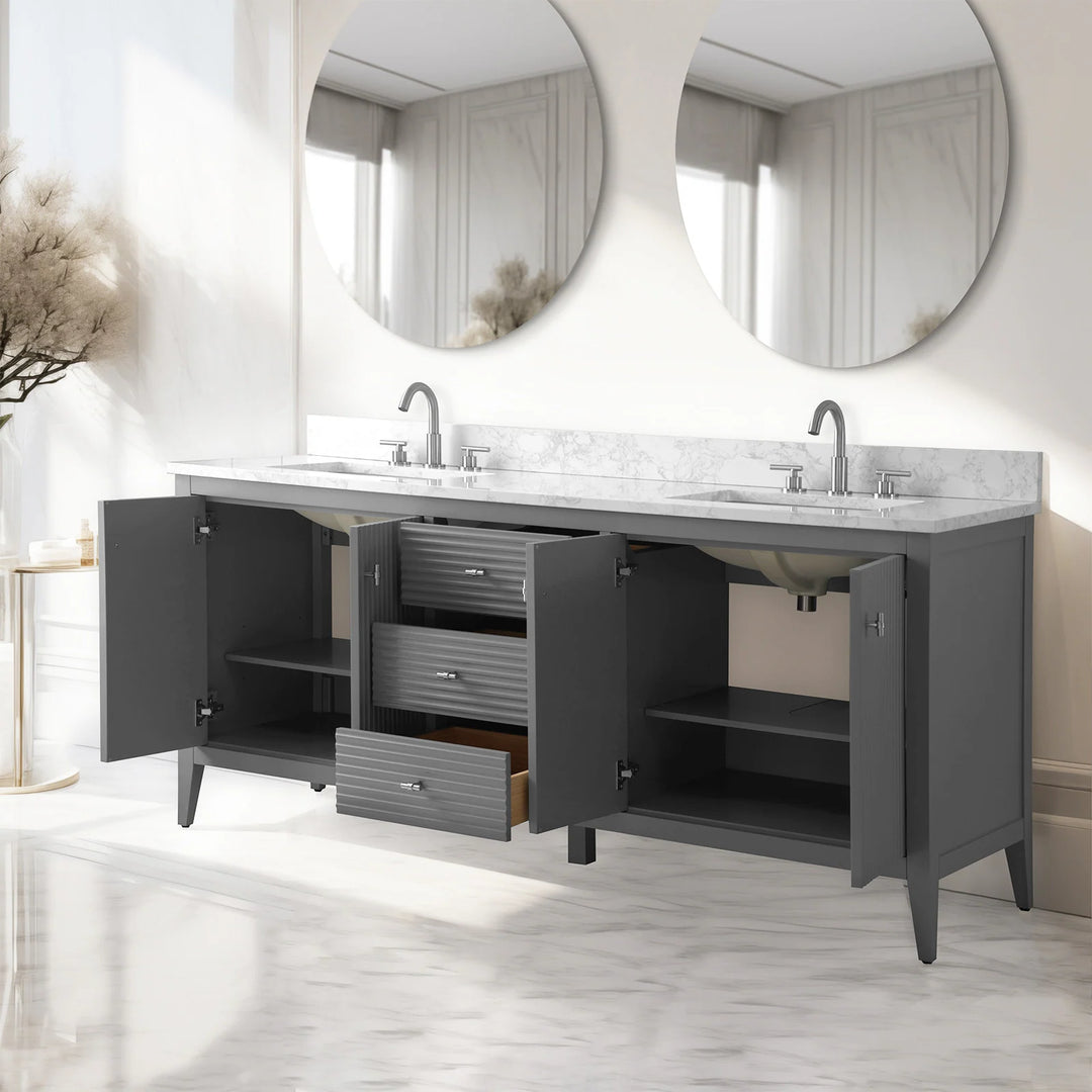 72" Double Sink Bathroom Vanity Cabinet with Engineered Marble Top
