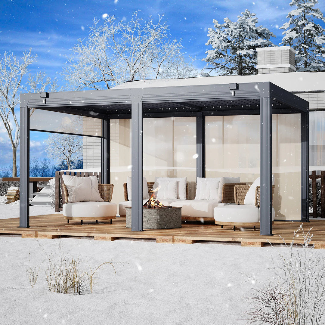 Outdoor Louvered Pergola Gazebo with Adjustable Aluminum Rainproof Roof and Pull-Down Screen