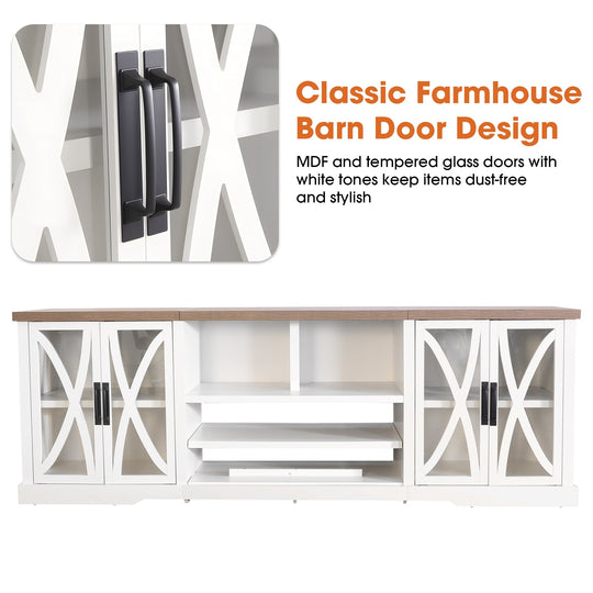 93" Farmhouse White Barn Door Storage Cabinets Console TV Stand for Tvs up to 100" with Adjustable Shelves