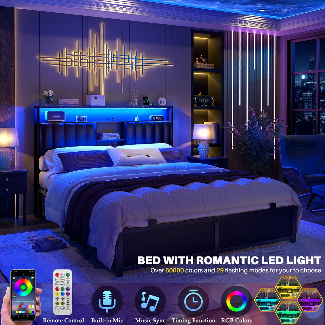 Upholstered Bed Frame with Storage Shelving, Platform Beds with Charge Station and LED Lights