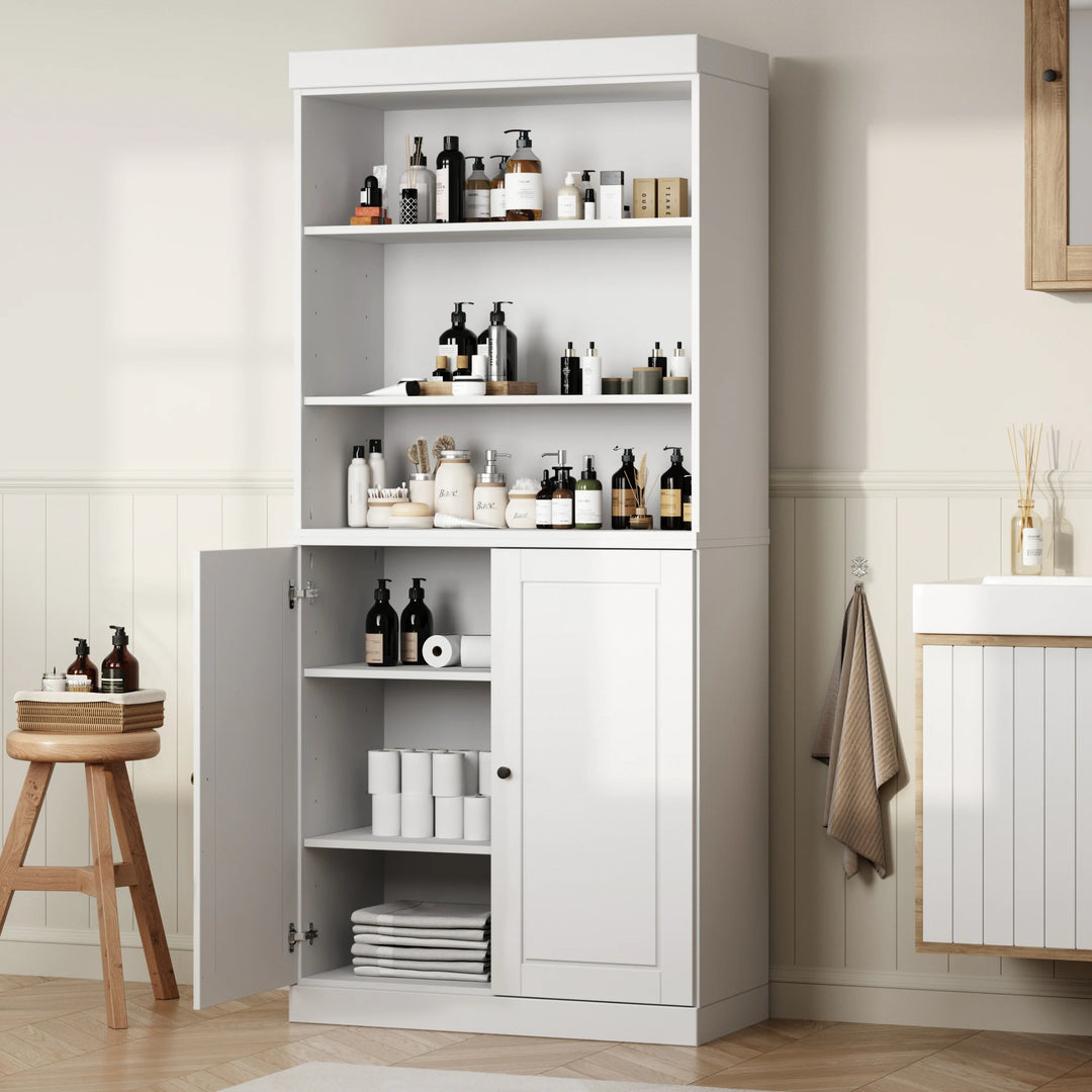 100% Solid Wood Bathroom & Laundry Storage Cabinet, Raised Panel Doors, Adjustable Shelves, 32" Wide, 71.5" Tall