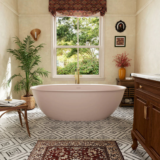 Luxury Flatbottom Solid Surface Freestanding Soaking Bathtub with Discreet Towel Slot and Drain Assembly