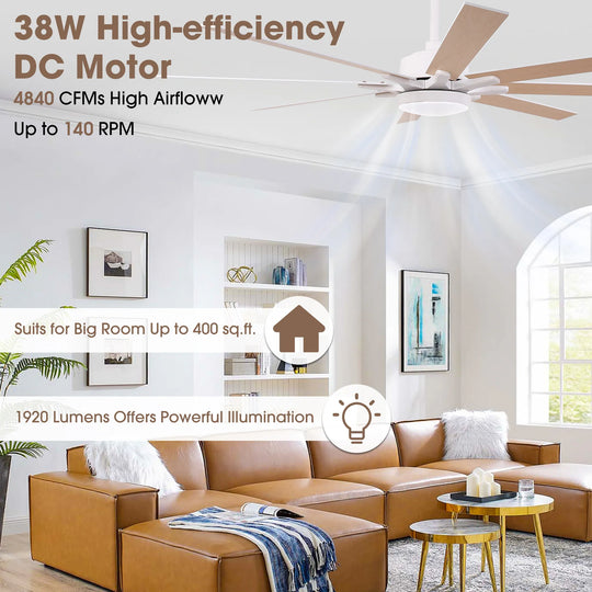 65-Inch Modern Reversible Dimmable Large Ceiling Fan with Light and Remote