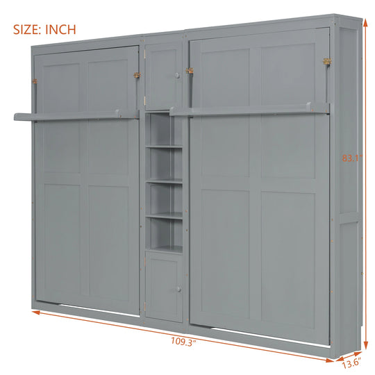 Dual Twin Size Wall Murphy Beds with Cabinets and Shelves, Space-Saving Design