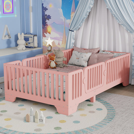 Full Size Montessori Floor Bed Frame with Safety Rails and Removable Door, Low Profile Kids Bed with Slatted Support