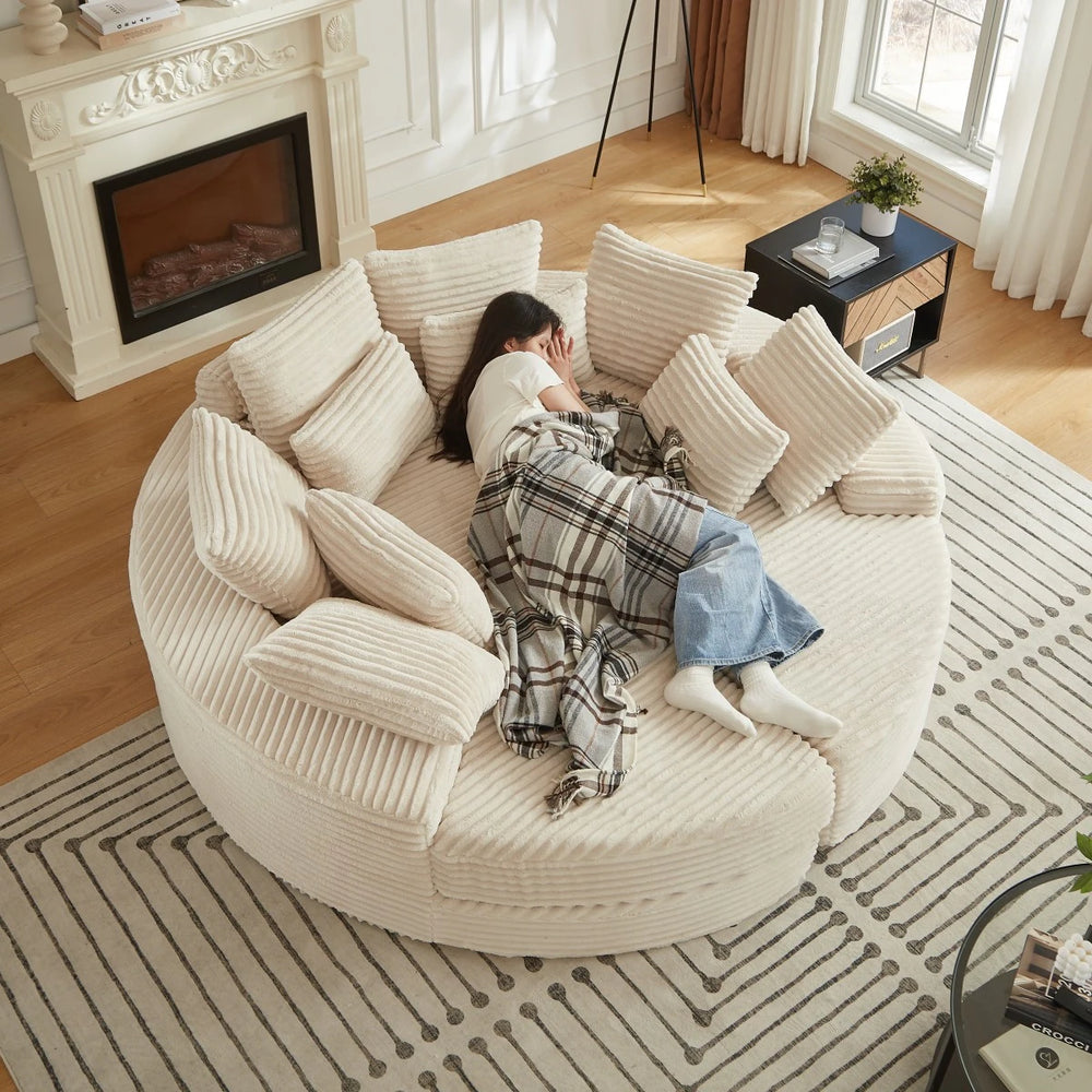 78.5" Corduroy round Oversized 2-In-1 Sofa Bed, Neck Pillow Design with Four Throw Pillows