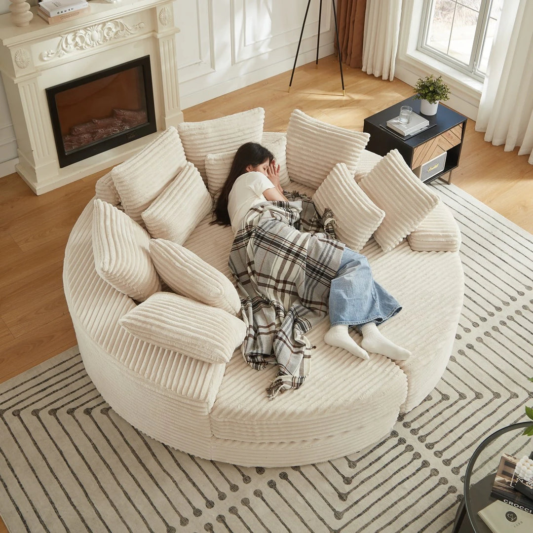 78.5" Corduroy round Oversized 2-In-1 Sofa Bed, Neck Pillow Design with Four Throw Pillows