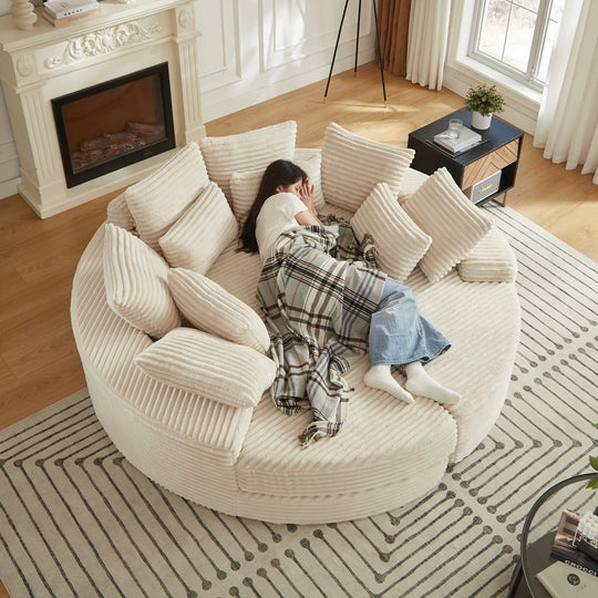 78.5" Corduroy round Oversized 2-In-1 Sofa Bed, Neck Pillow Design with Four Throw Pillows